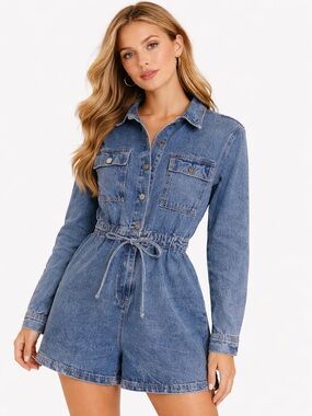 Missguided Denim Belted Romper Women's 4 - Long Sleeve Jean Playsuit NWOT Blue